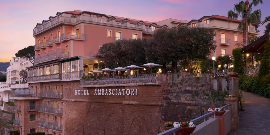 View of the Hotel from the garden sunset time